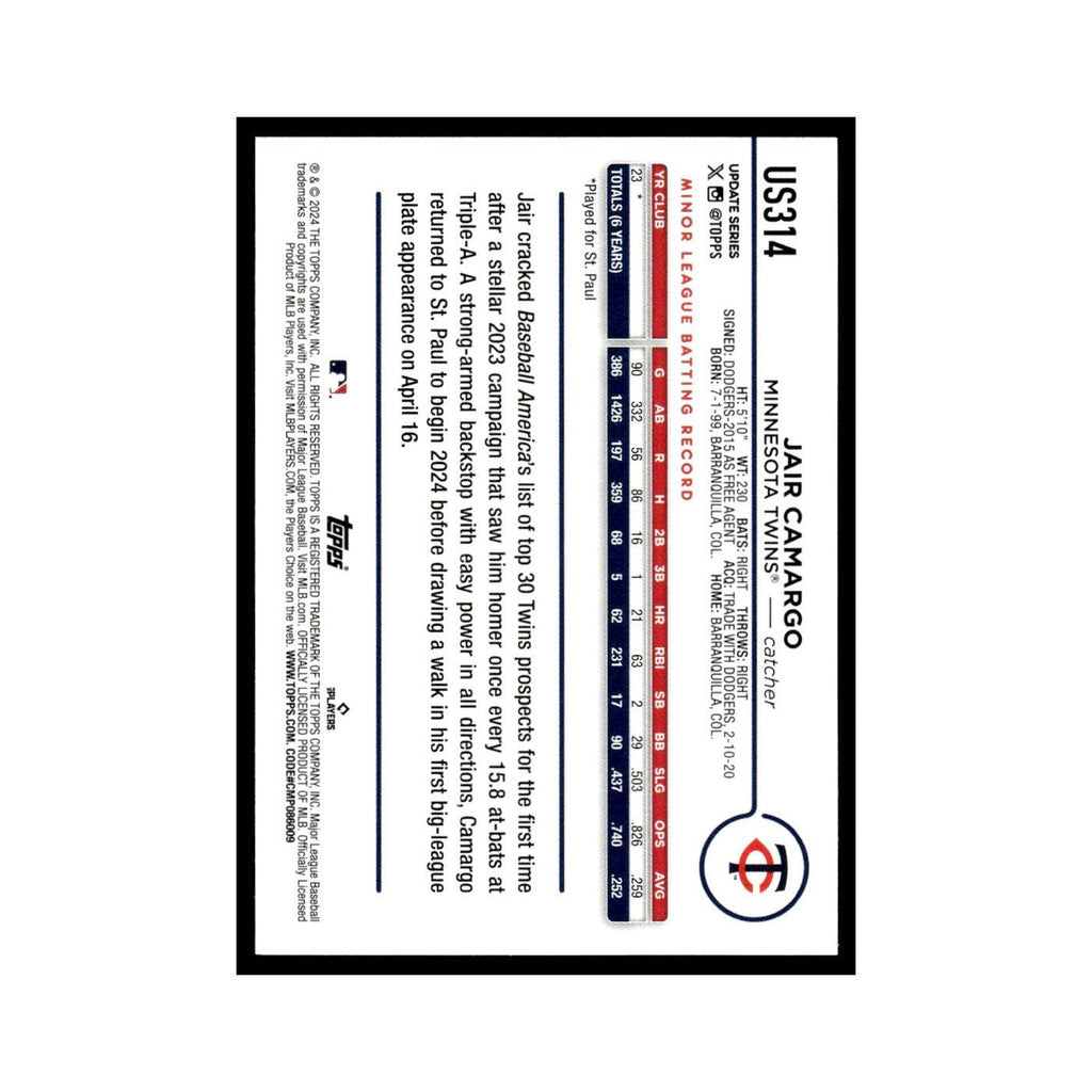 Jair Camargo Rookie 2024 Topps Update #US314 Minnesota Twins Baseball Card NM
