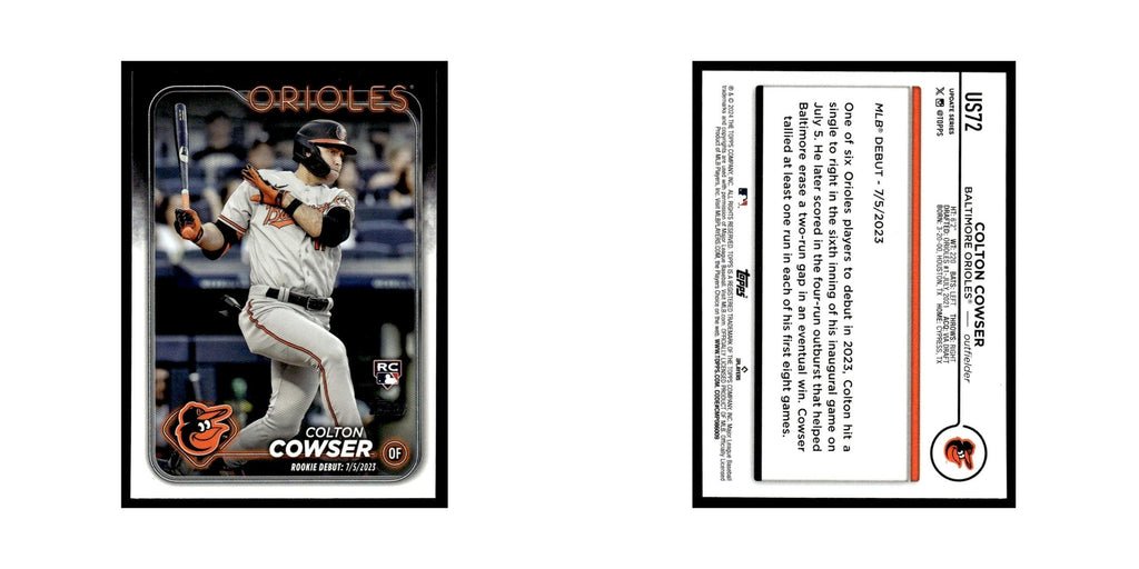 Colton Cowser Rookie 2024 Topps Update #US72 Baltimore Orioles Baseball Card NM