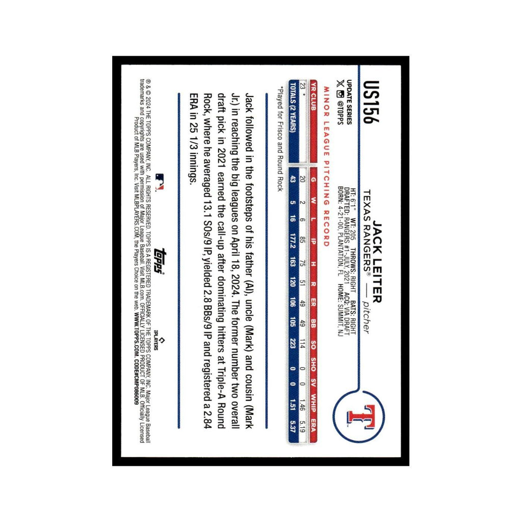 Jack Leiter Rookie 2024 Topps Update #US156 Texas Rangers Baseball Card NM
