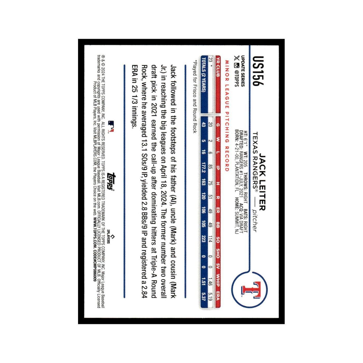 Jack Leiter Rookie 2024 Topps Update #US156 Texas Rangers Baseball Card NM