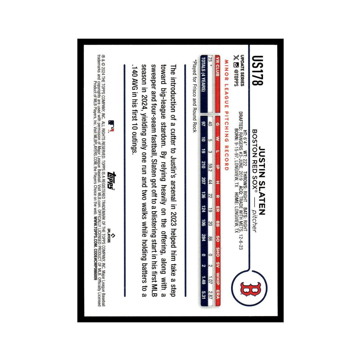 Justin Slaten Rookie 2024 Topps Update #US178 Boston Red Sox Baseball Card NM