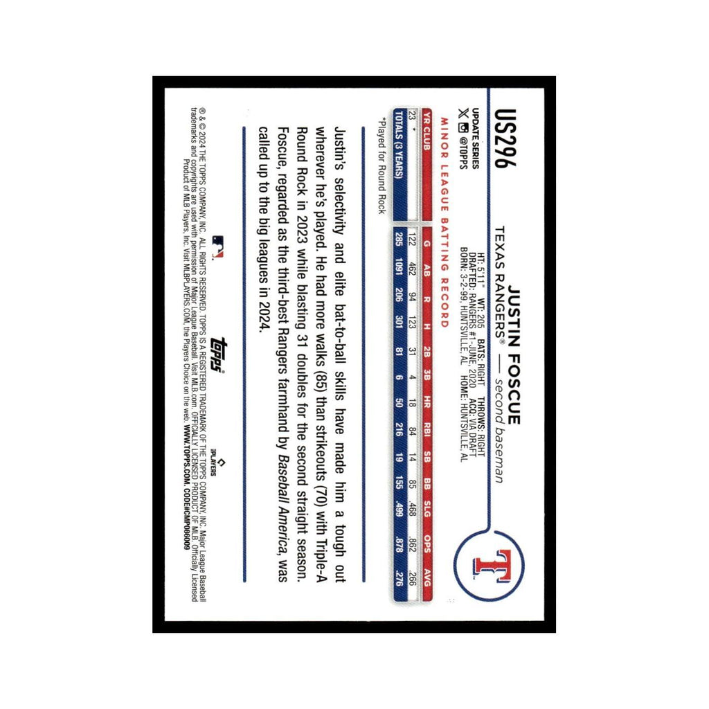 Justin Foscue Rookie 2024 Topps Update #US296 Texas Rangers Baseball Card NM