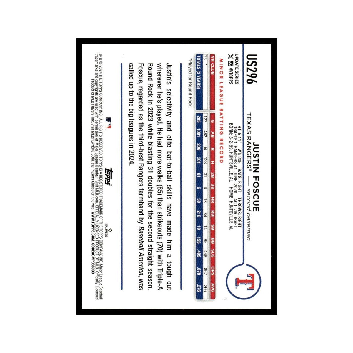 Justin Foscue Rookie 2024 Topps Update #US296 Texas Rangers Baseball Card NM