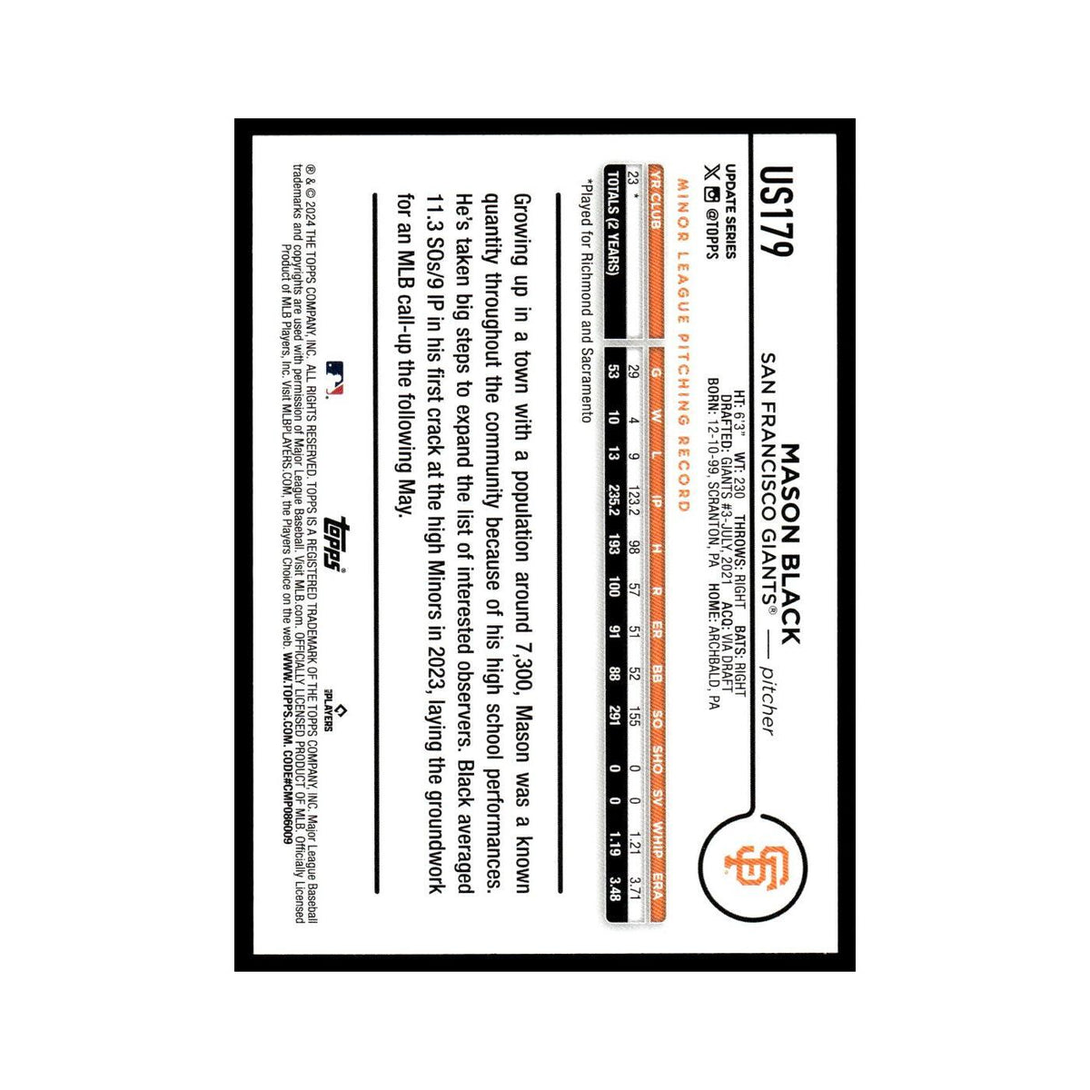 Mason Black Rookie 2024 Topps Update #US179 San Francisco Giants NM