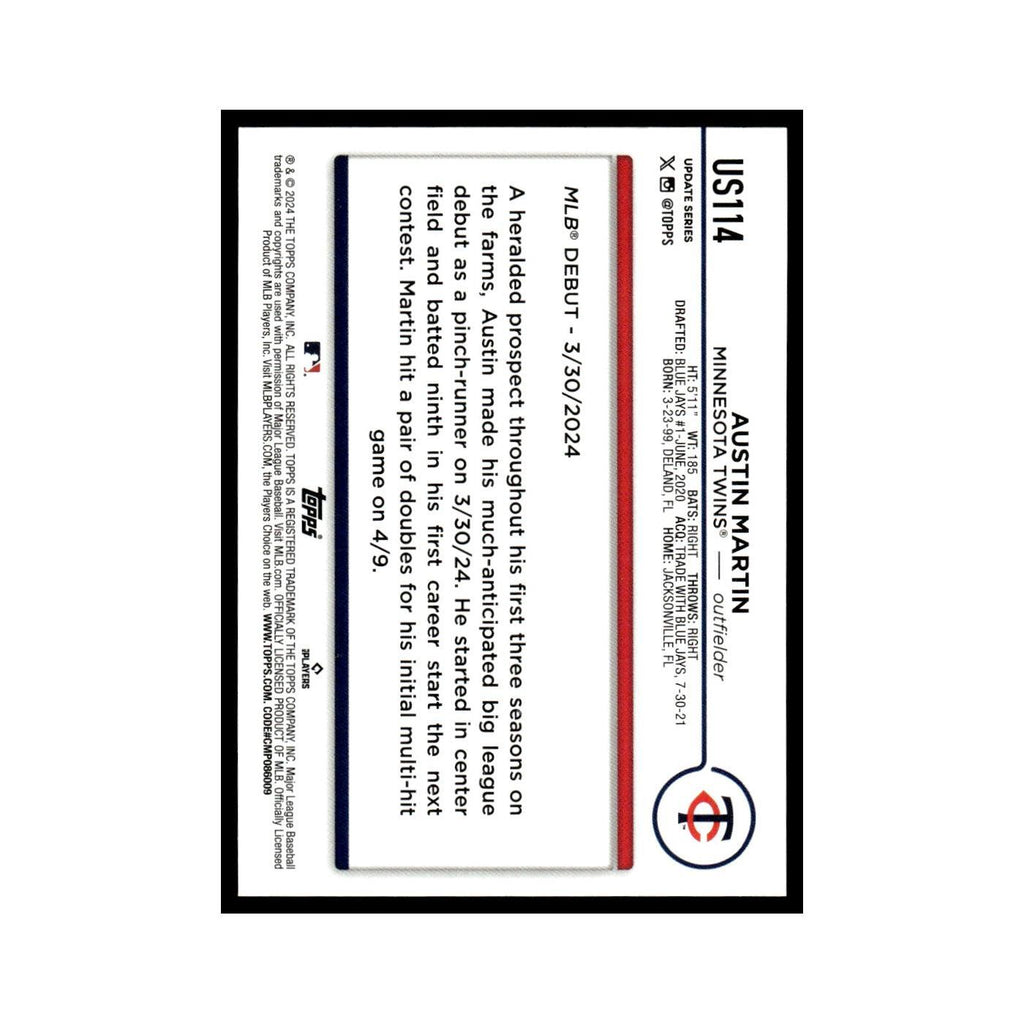 Austin Martin Rookie 2024 Topps Update #US114 Minnesota Twins Baseball Card NM