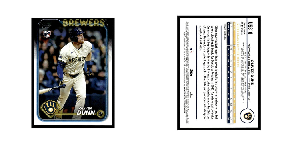 Oliver Dunn Rookie 2024 Topps Update #US310 Milwaukee Brewers Baseball Card NM