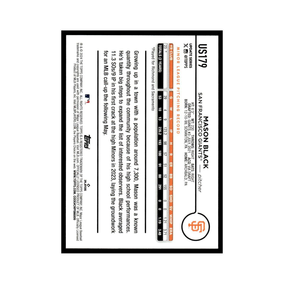 Mason Black Rookie 2024 Topps Update #US179 San Francisco Giants NM