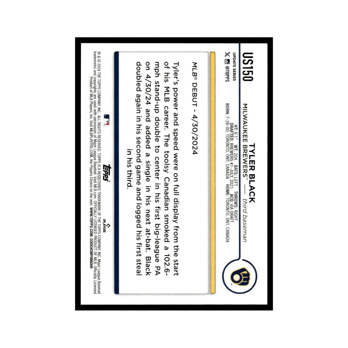 Tyler Black Rookie 2024 Topps Update #US150 Milwaukee Brewers Baseball Card NM