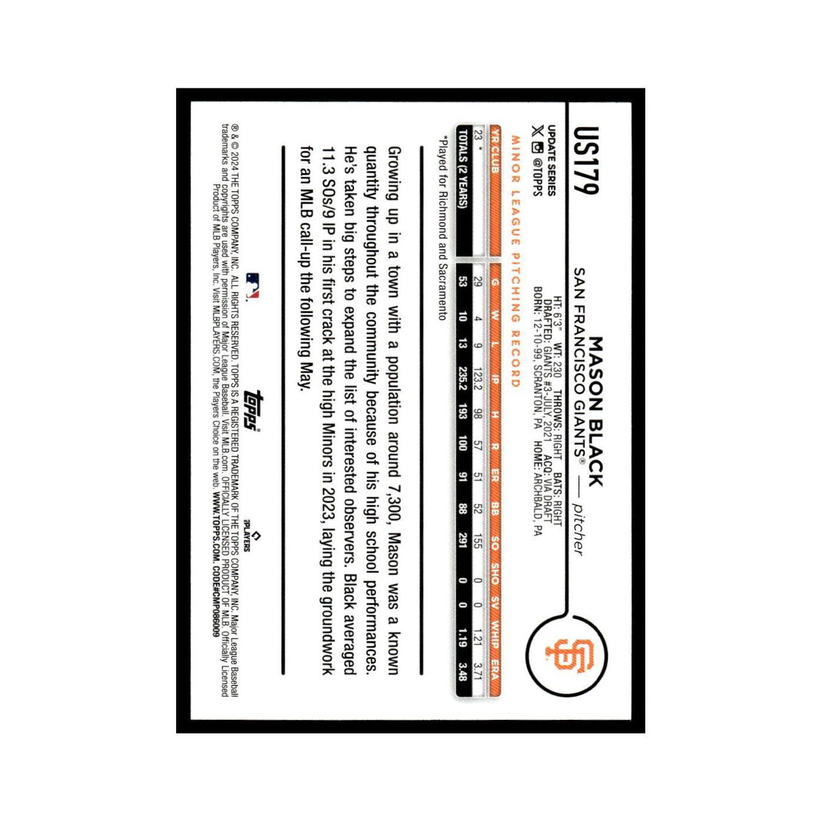 Mason Black Rookie 2024 Topps Update #US179 San Francisco Giants NM