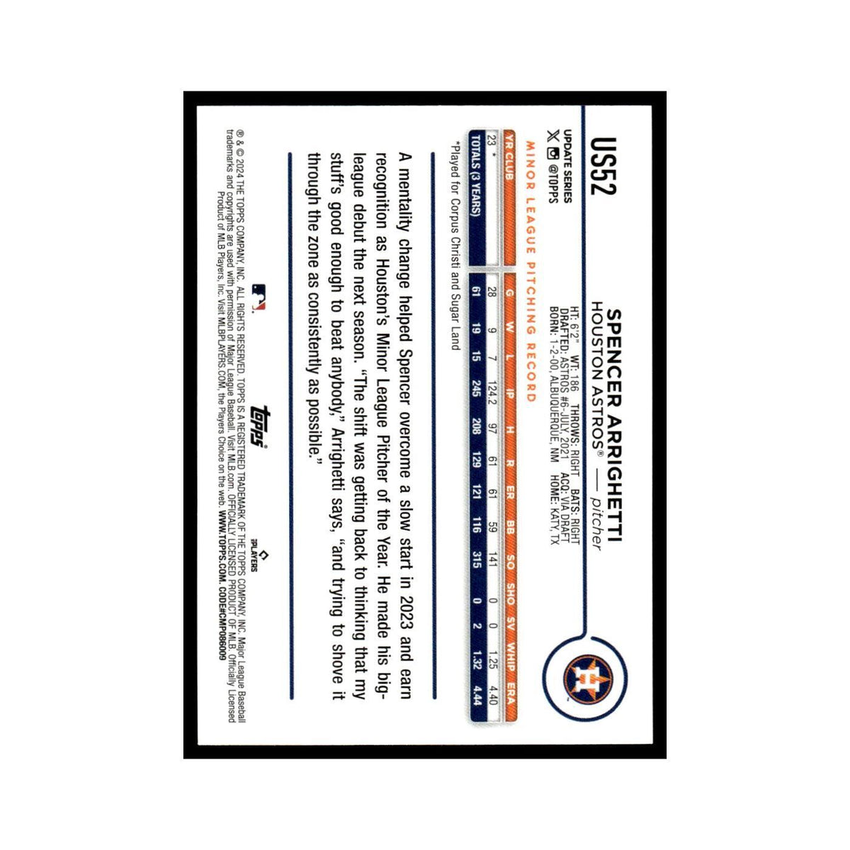 Spencer Arrighetti Rookie 2024 Topps Update #US52 Houston Astros NM