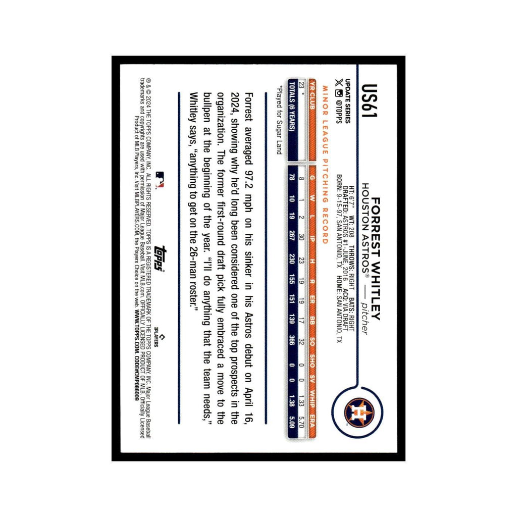 Forrest Whitley Rookie 2024 Topps Update #US61 Houston Astros Baseball Card NM