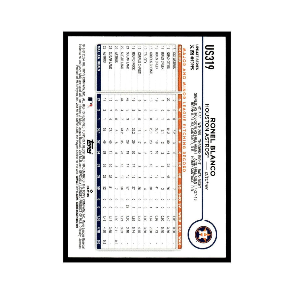 Ronel Blanco Rookie 2024 Topps Update #US319 Houston Astros Baseball Card NM