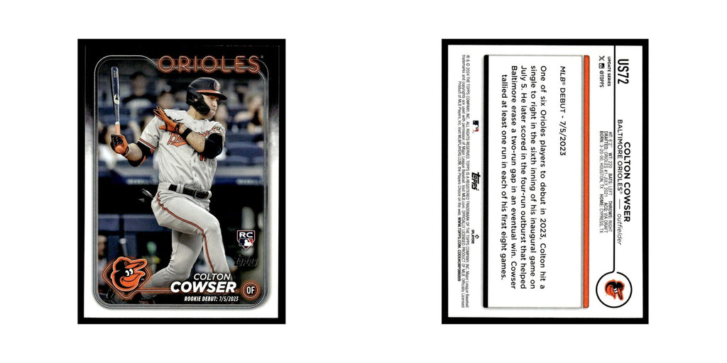 Colton Cowser Rookie 2024 Topps Update #US72 Baltimore Orioles Baseball Card NM