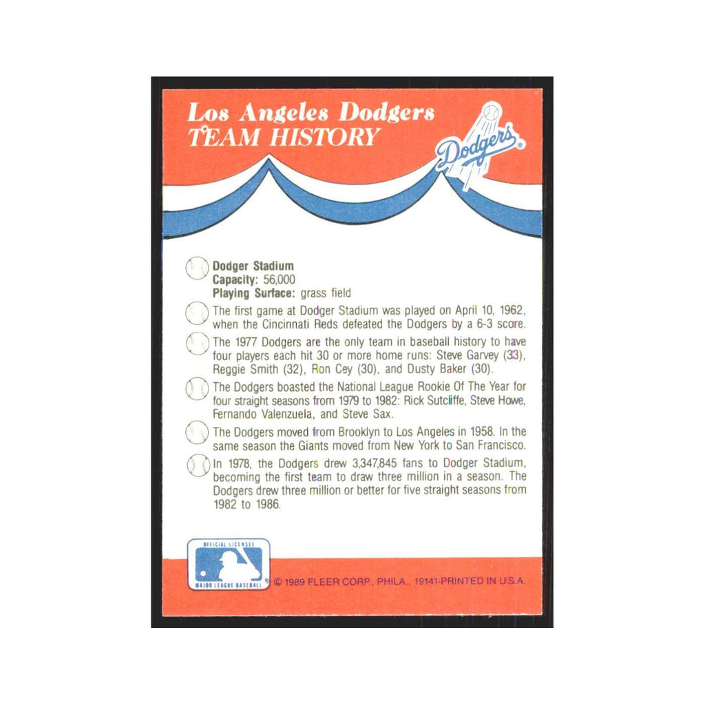 Team History 1989 Fleer Baseball All-Stars #nan Los Angeles Dodgers NM