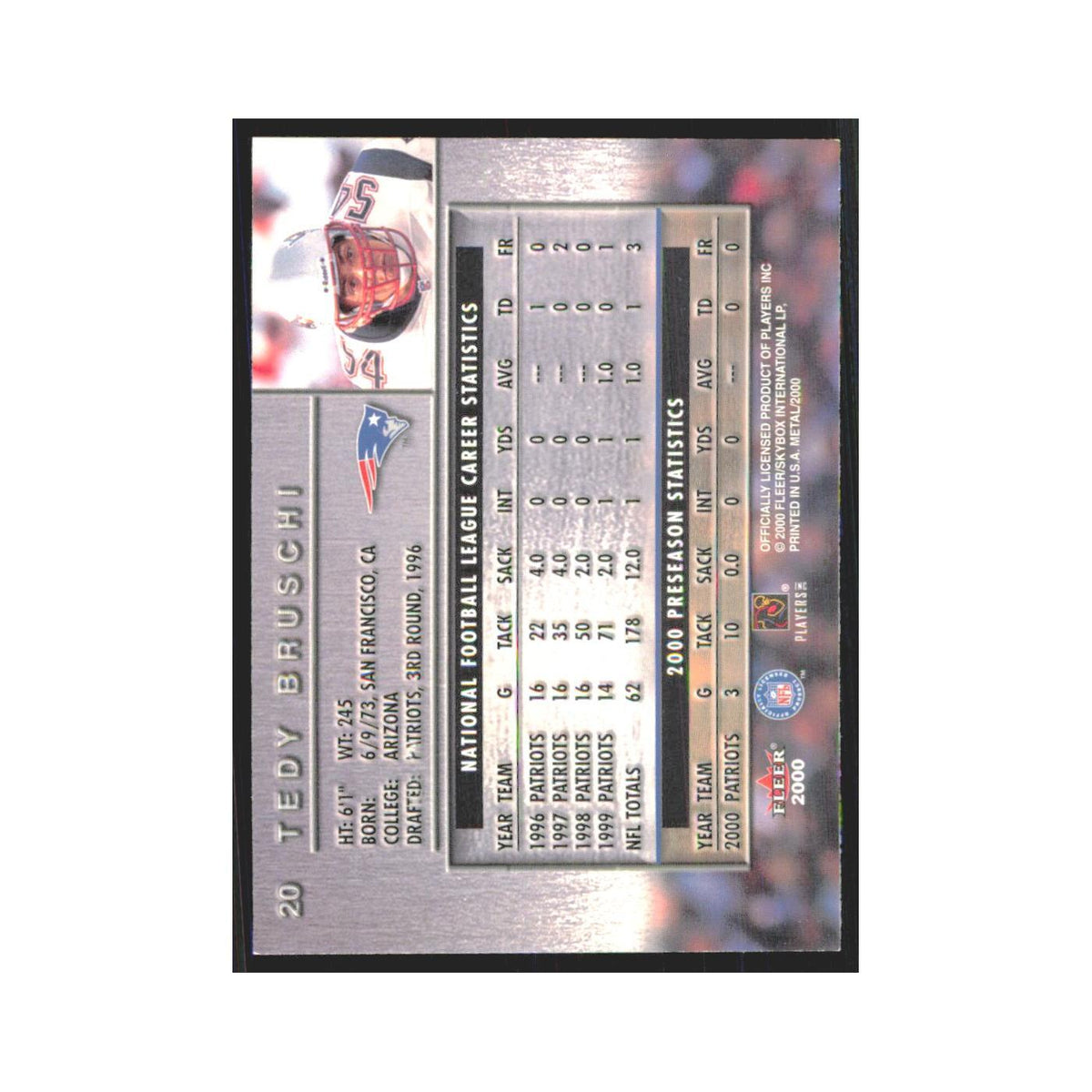 Tedy Bruschi 2000 Fleer Metal #20 New England Patriots Football Card NM