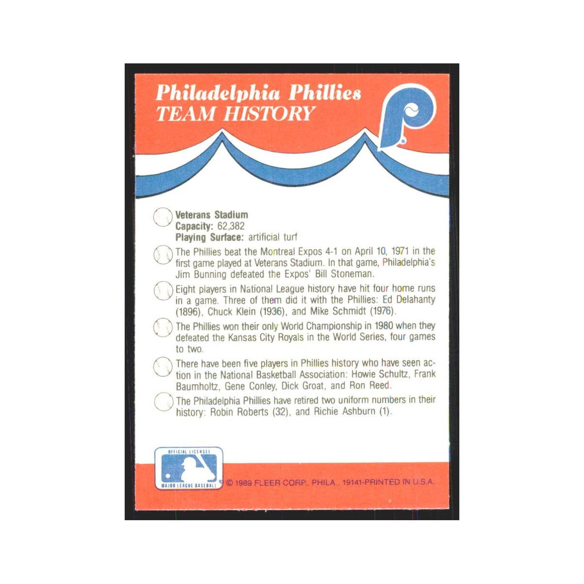 Team History 1989 Fleer Baseball All-Stars #nan Philadelphia Phillies NM