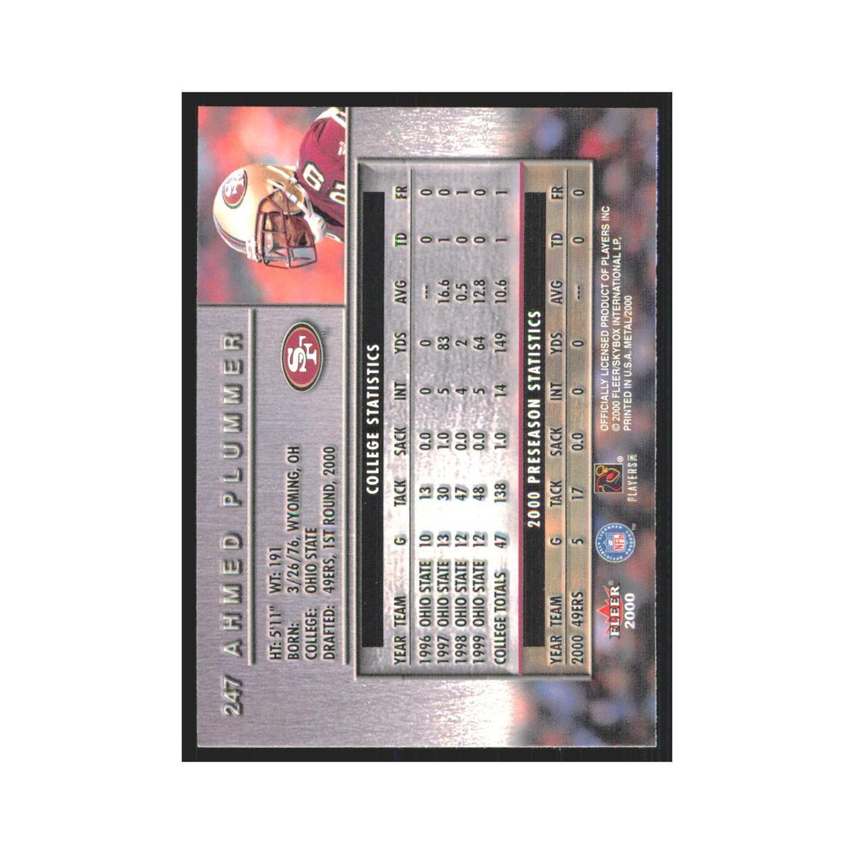 Ahmed Plummer Rookie 2000 Fleer Metal #247 San Francisco 49ers Football Card NM
