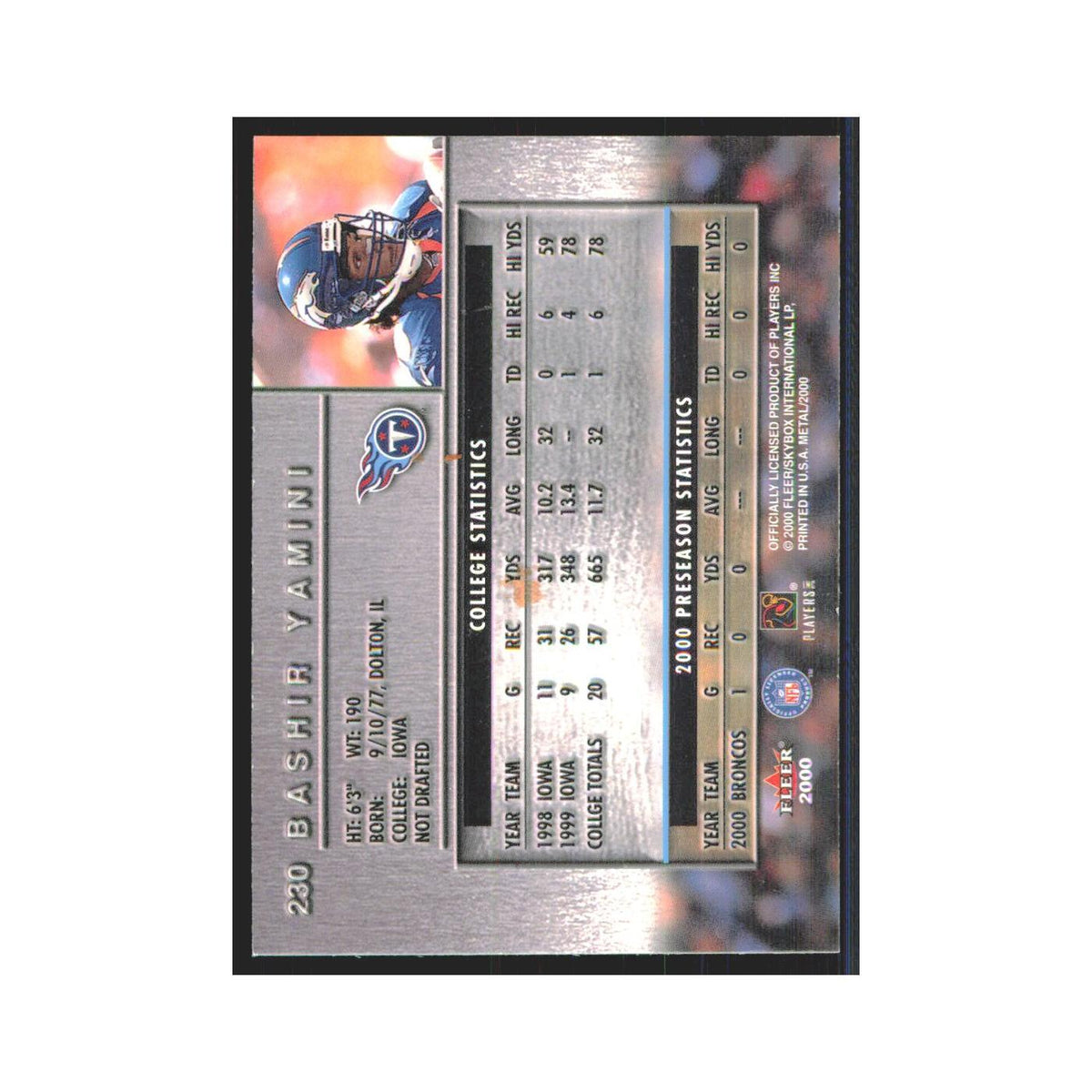 Bashir Yamini Rookie 2000 Fleer Metal #230 Tennessee Titans Football Card NM