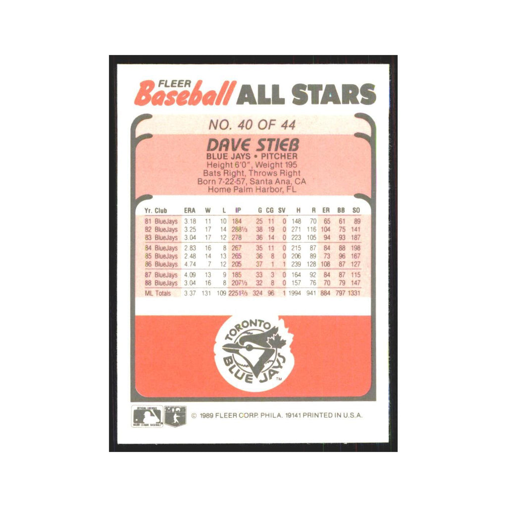 Dave Stieb 1989 Fleer Baseball All-Stars #40.0 Toronto Blue Jays NM