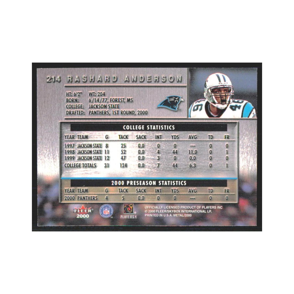 Rashard Anderson Rookie 2000 Fleer Metal #214 Carolina Panthers Football Card NM