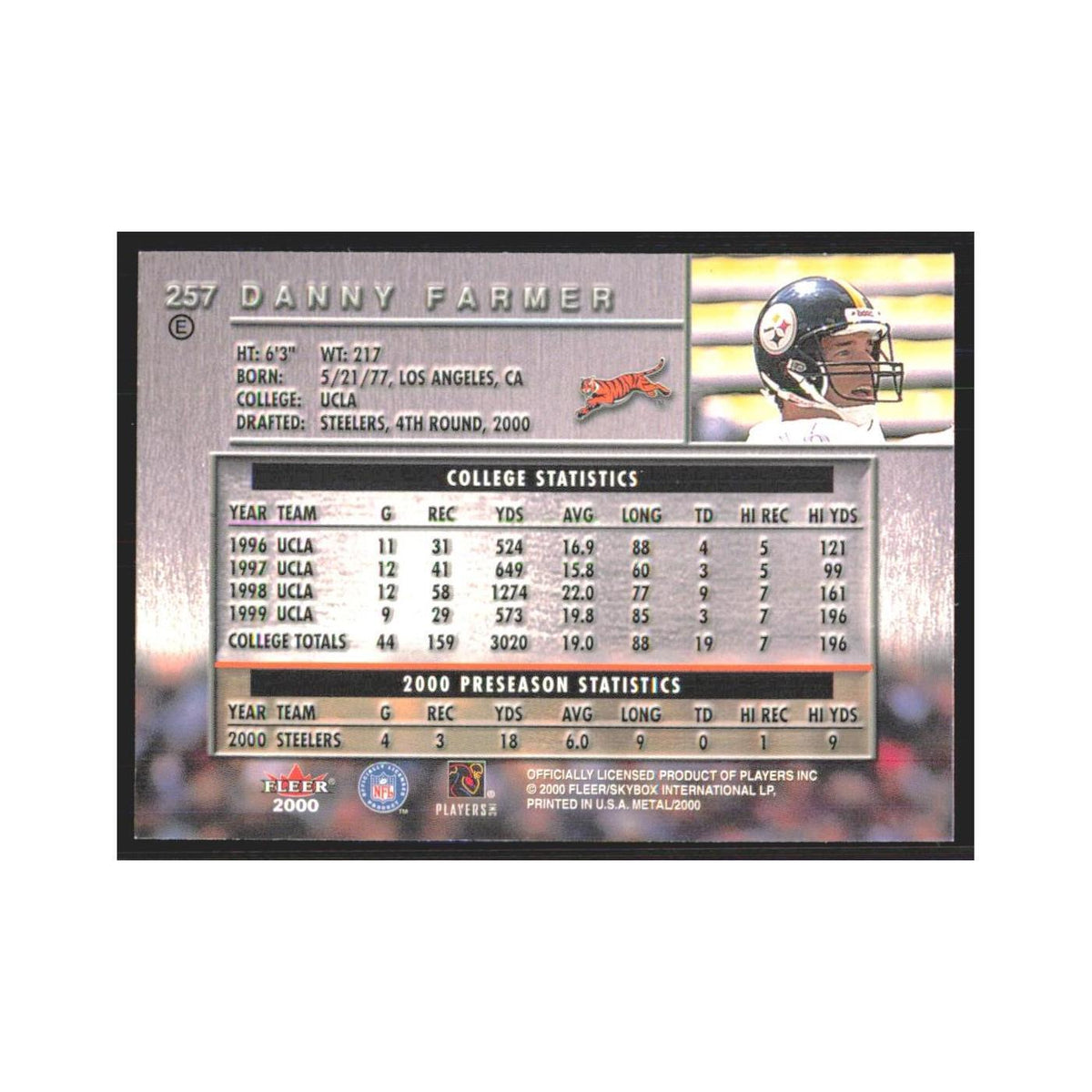 Danny Farmer Rookie 2000 Fleer Metal #257 Cincinnati Bengals Football Card NM