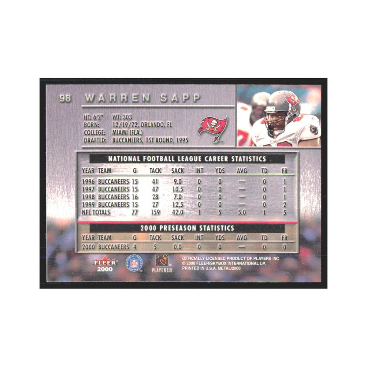 Warren Sapp 2000 Fleer Metal #98 Tampa Bay Buccaneers Football Card NM