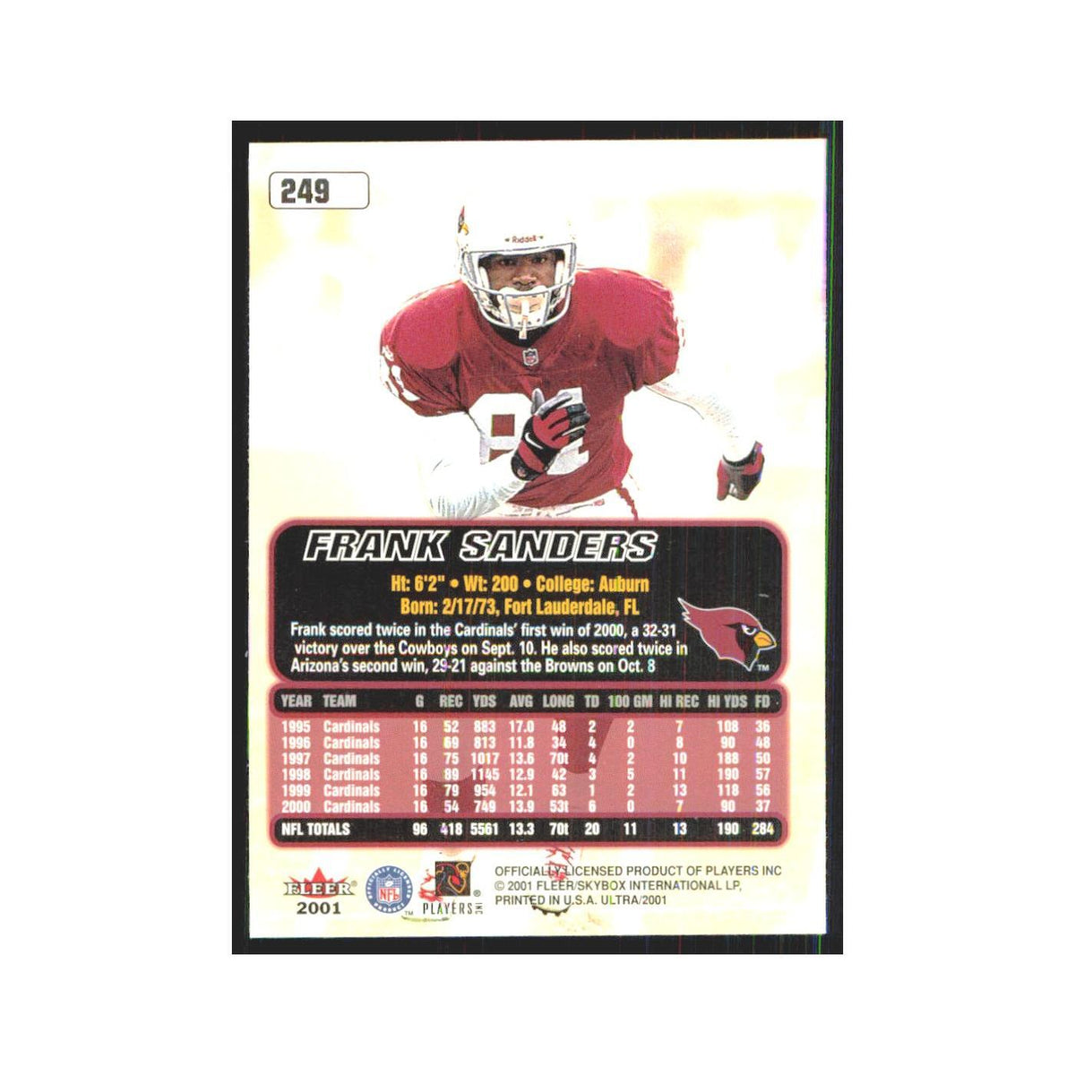 Fran Sanders 2001 Fleer Ultra #249 Arizona Cardinals Football Card NM