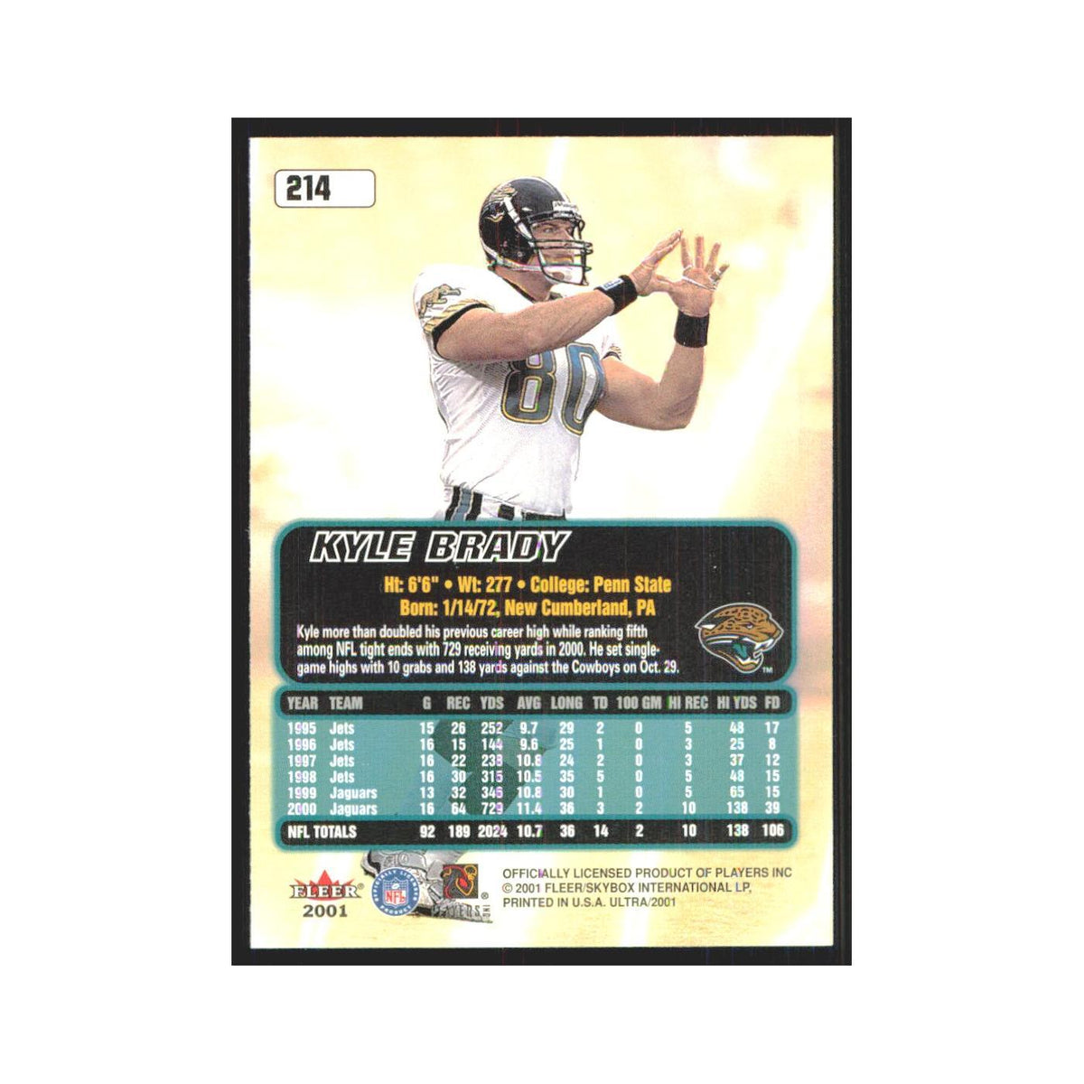 Kyle Brady 2001 Fleer Ultra #214 Jacksonville Jaguars Football Card NM
