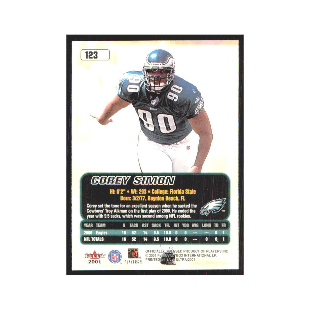 Corey Simon 2001 Fleer Ultra #123 Philadelphia Eagles Football Card NM