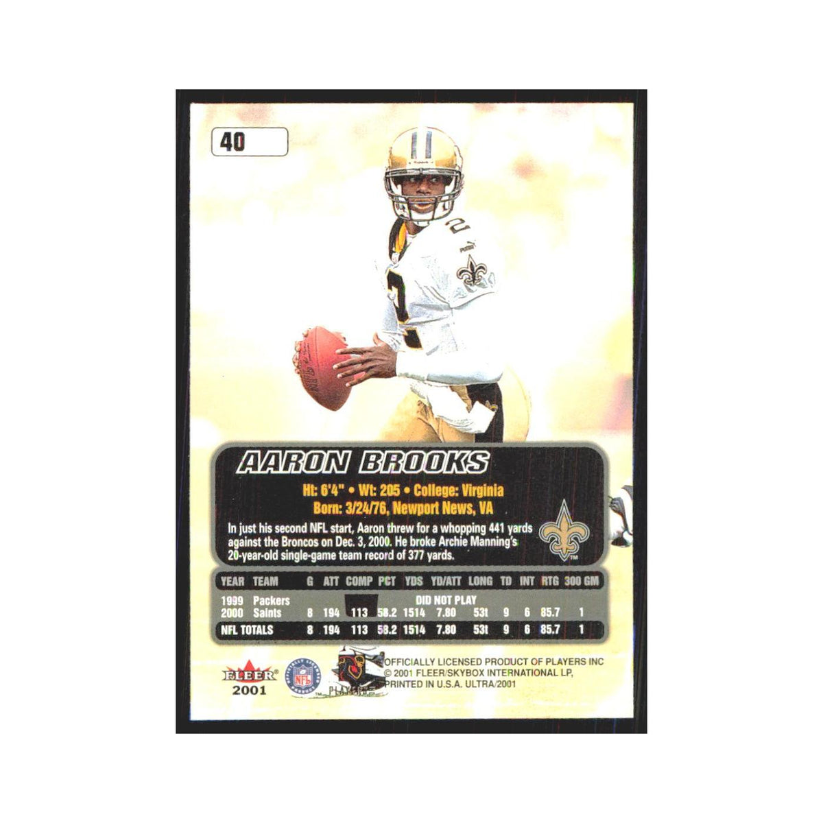 Aaron Brooks 2001 Fleer Ultra #40 New Orleans Saints Football Card NM