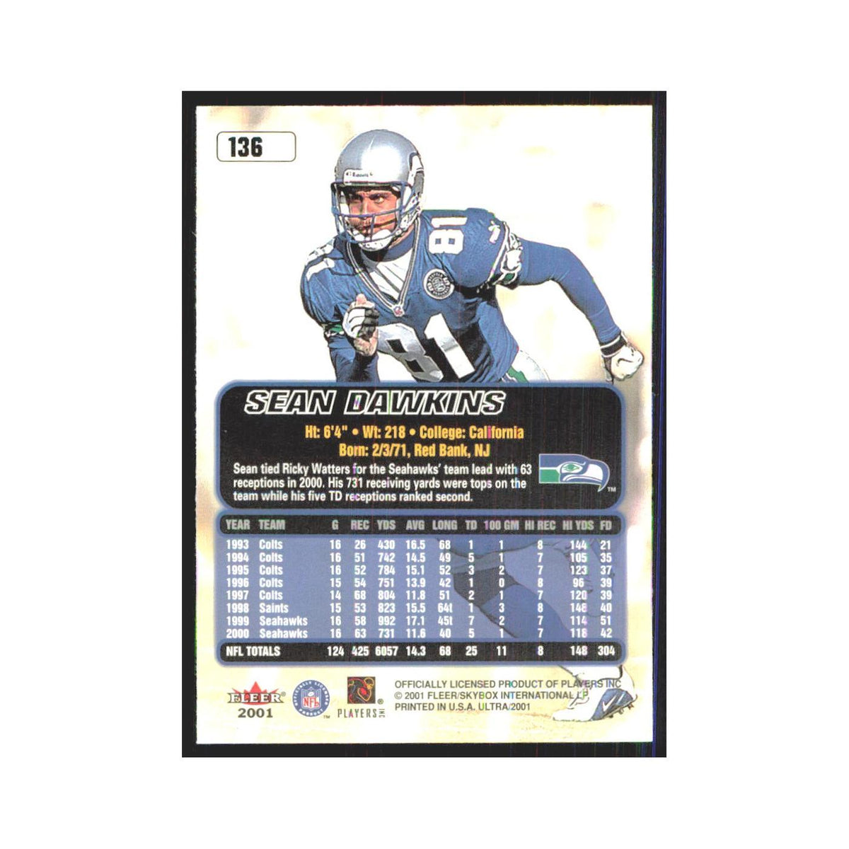 Sean Dawkins 2001 Fleer Ultra #136 Seattle Seahawks Football Card NM