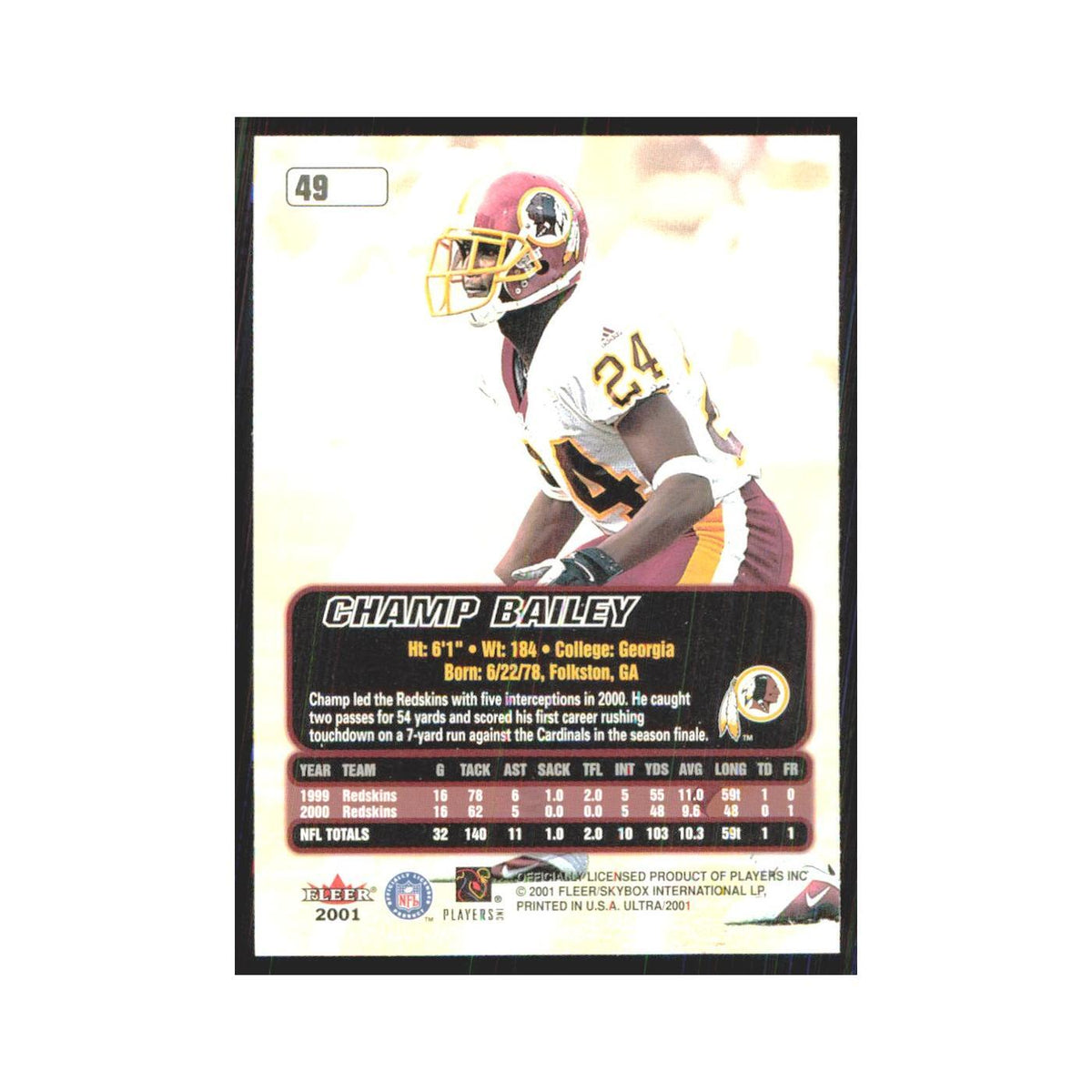 Champ Bailey 2001 Fleer Ultra #49 Washington Redskins Football Card NM