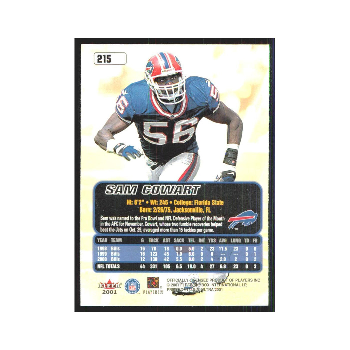 Sam Cowart 2001 Fleer Ultra #215 Buffalo Bills Football Card NM