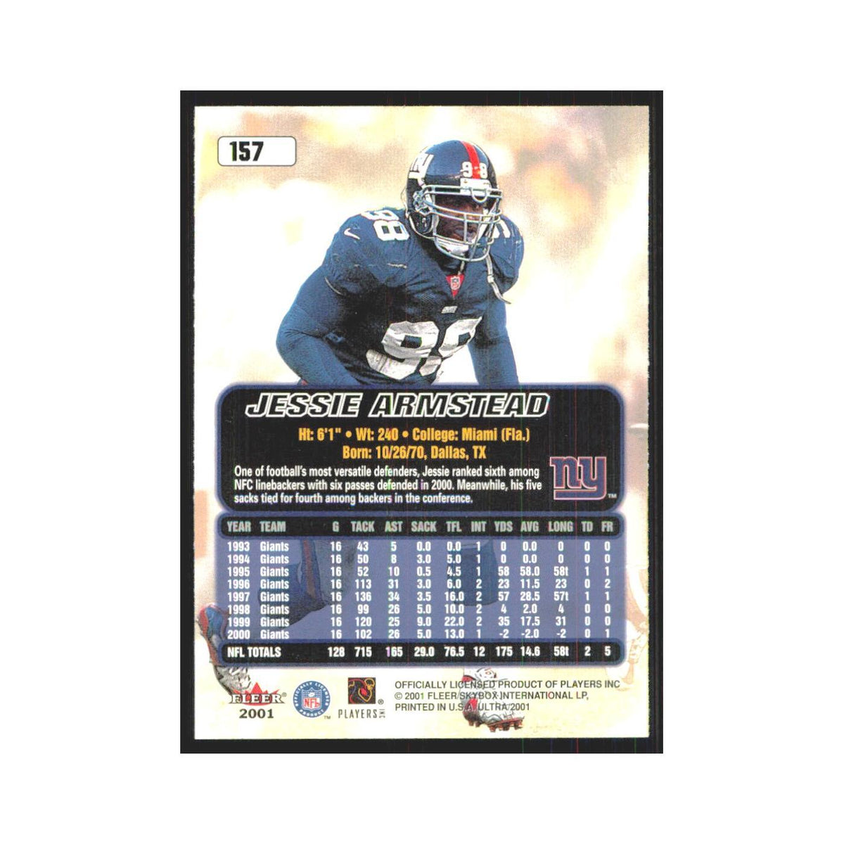 Jessie Armstead 2001 Fleer Ultra #157 New York Giants Football Card NM