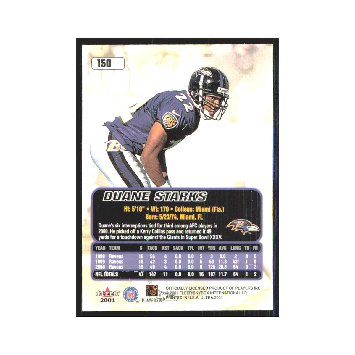 Duane Starks 2001 Fleer Ultra #150 Baltimore Ravens Football Card NM