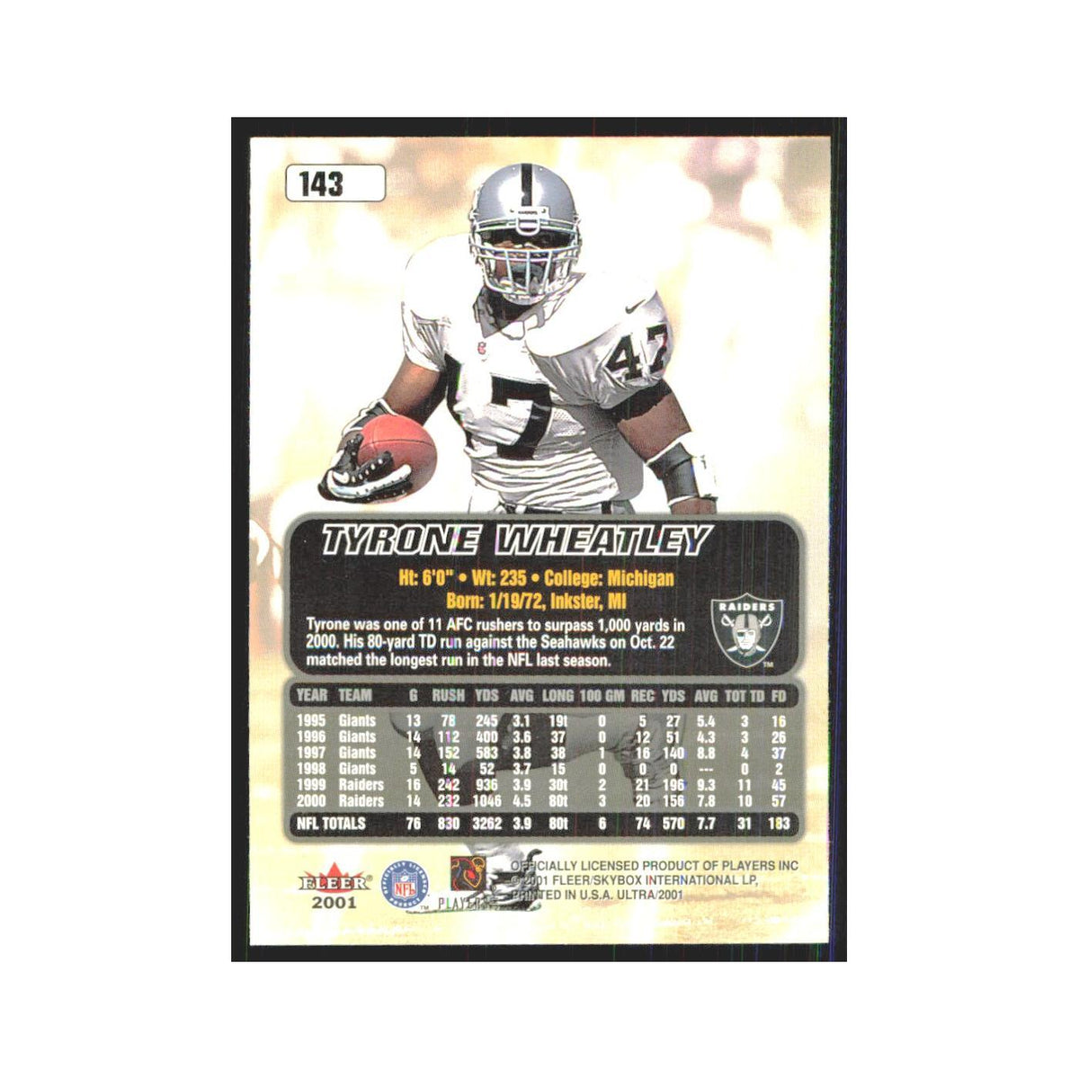 Tyrone Wheatley 2001 Fleer Ultra #143 Oakland Raiders Football Card NM