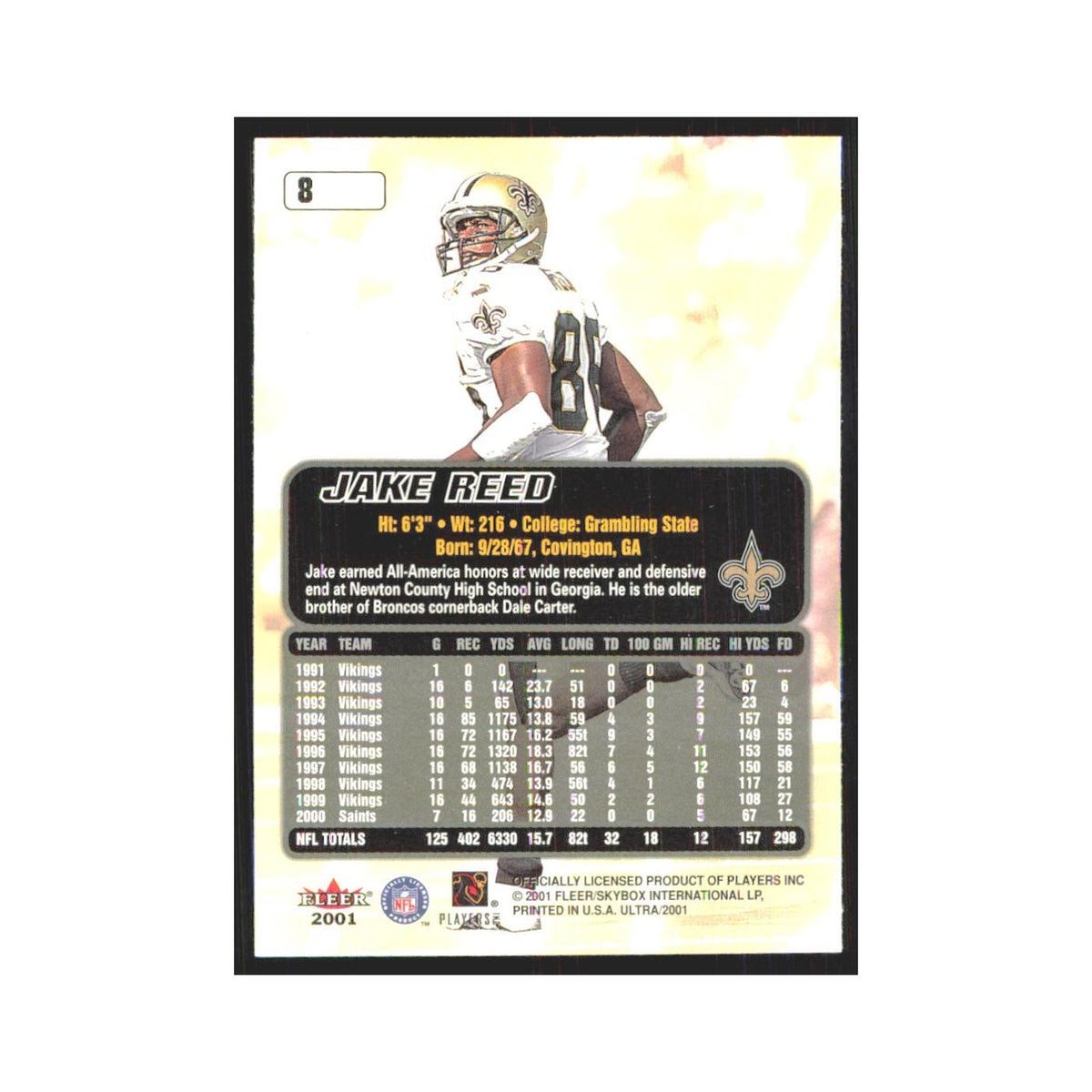 Jake Reed 2001 Fleer Ultra #8 New Orleans Saints Football Card NM