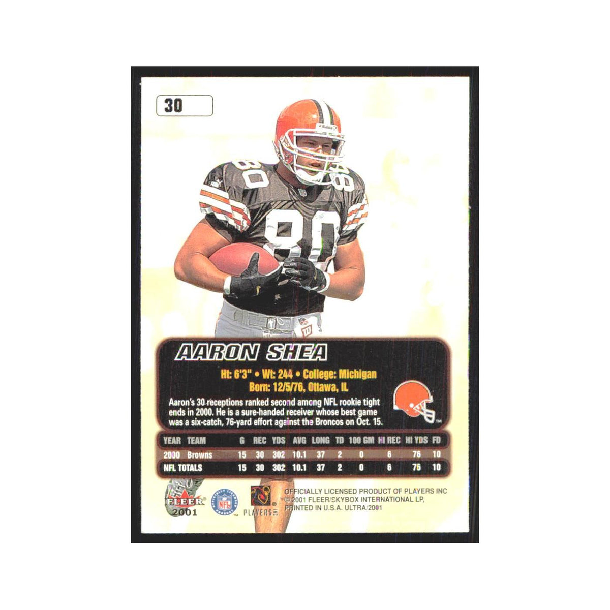 Aaron Shea 2001 Fleer Ultra #30 Cleveland Browns Football Card NM