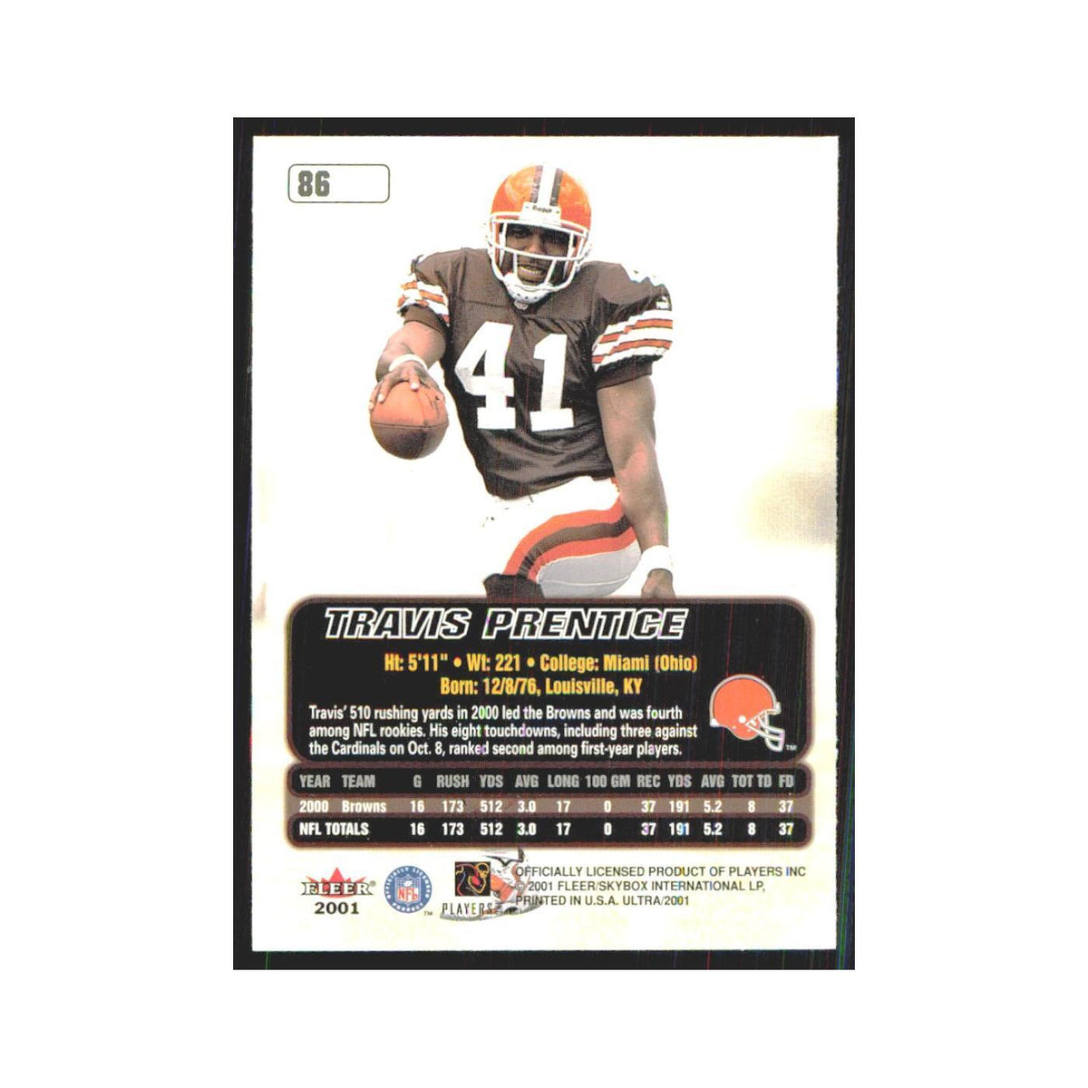Travis Prentice 2001 Fleer Ultra #86 Cleveland Browns Football Card NM