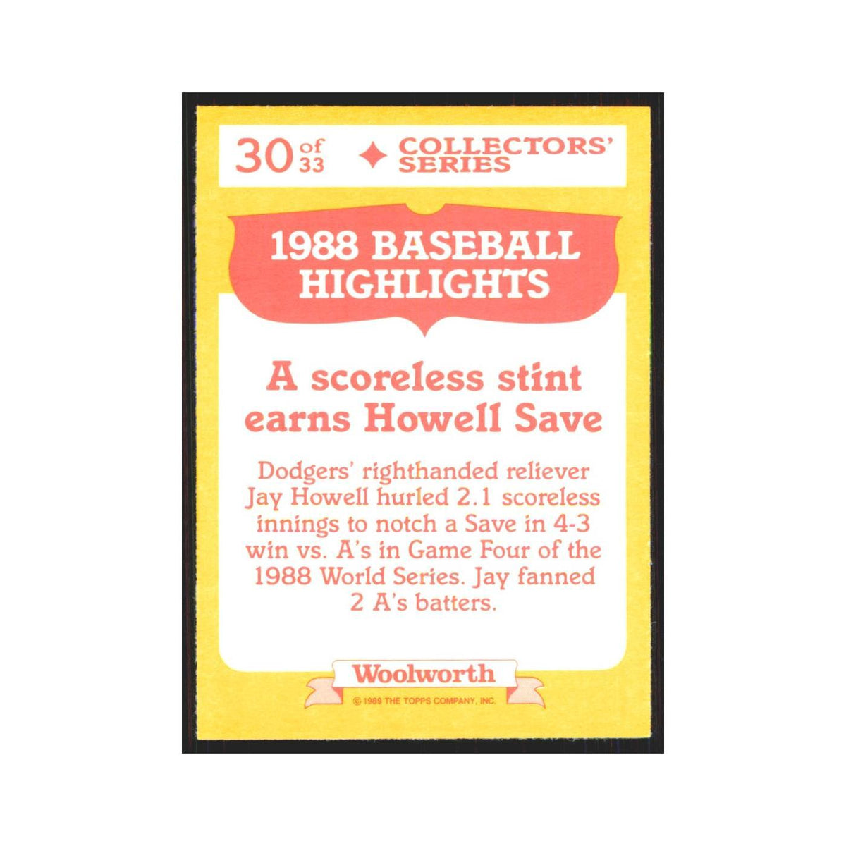 Jay Howell 1989 Topps Woolworth #30.0 Los Angeles Dodgers Baseball Card NM