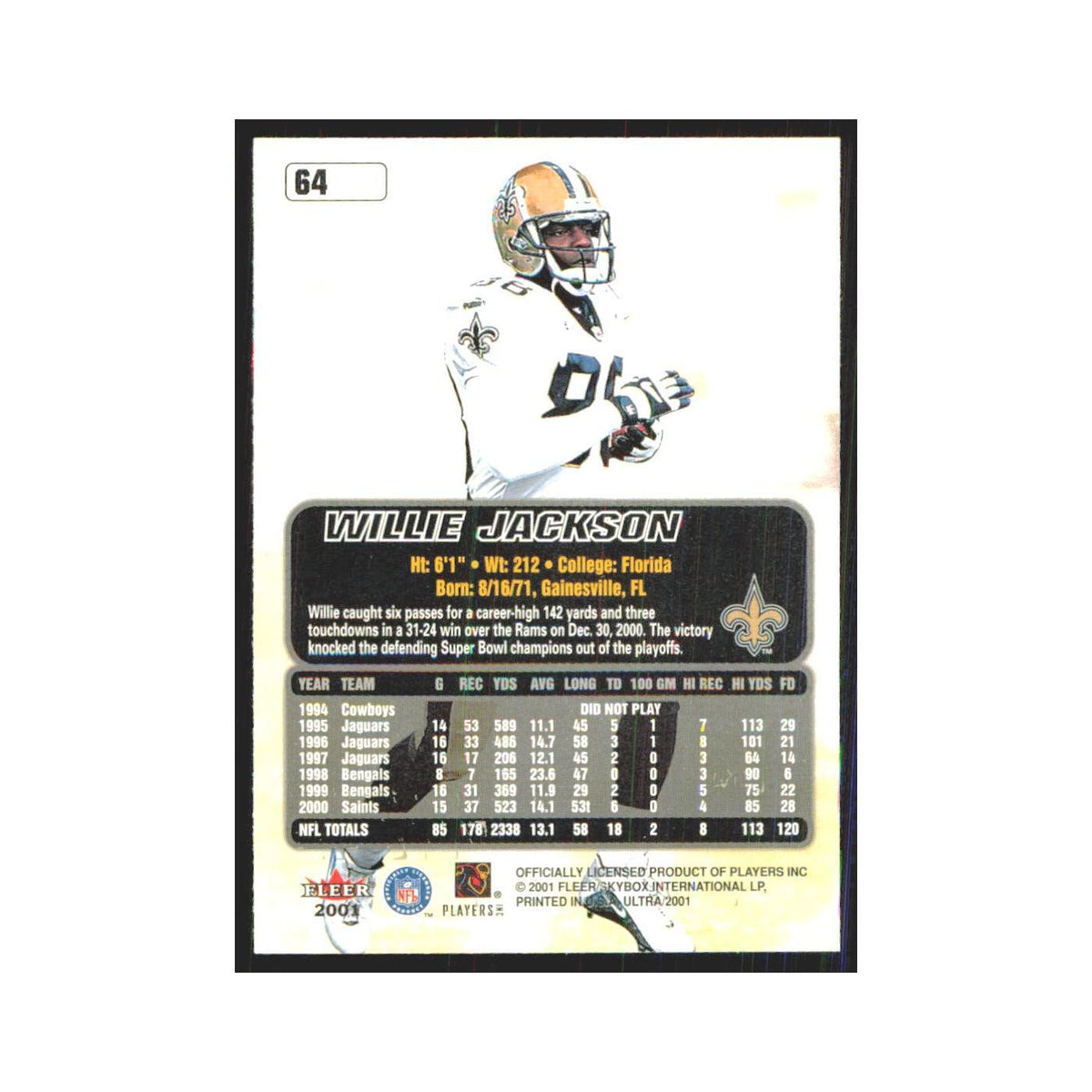 Willie Jackson 2001 Fleer Ultra #64 New Orleans Saints Football Card NM