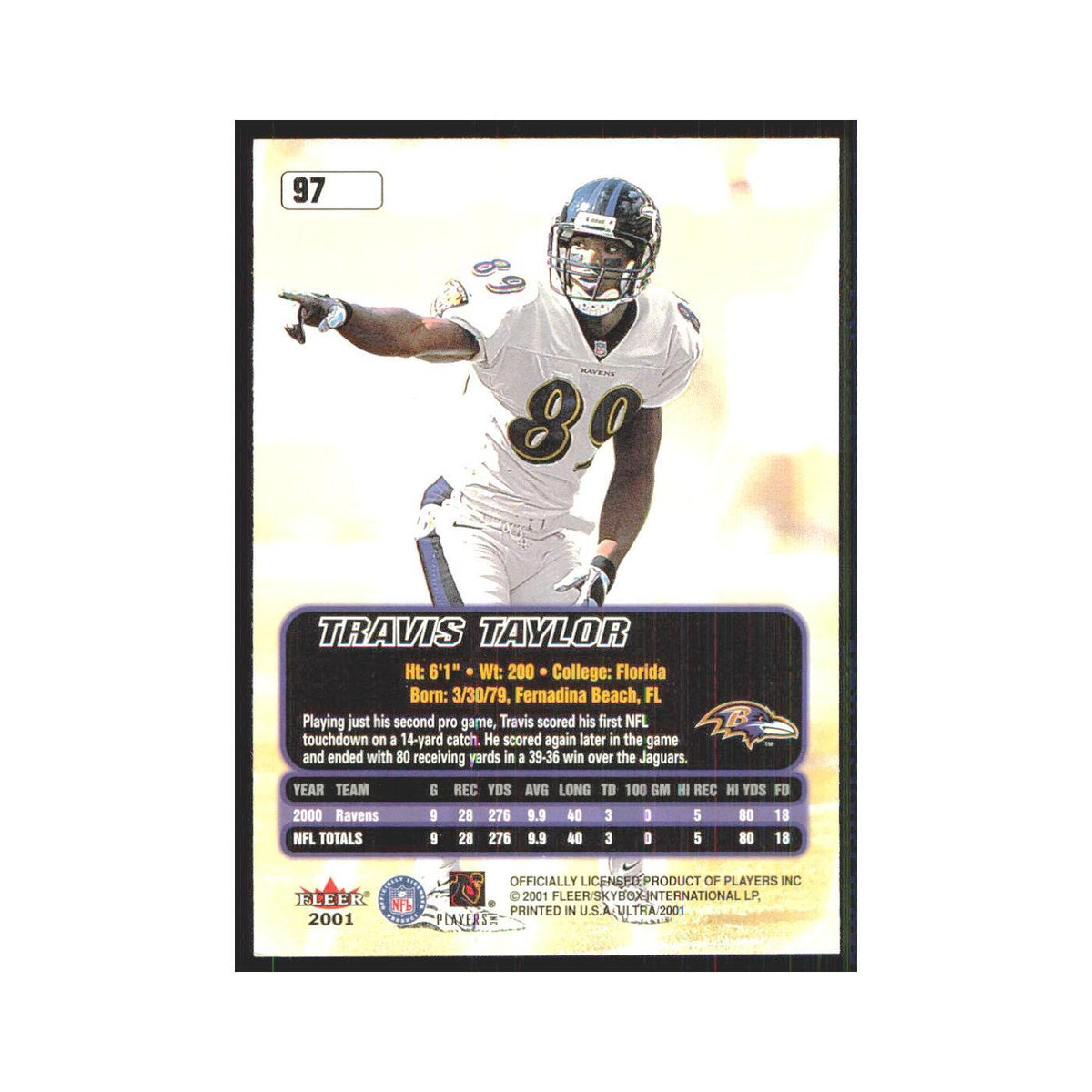 Travis Taylor 2001 Fleer Ultra #97 Baltimore Ravens Football Card NM