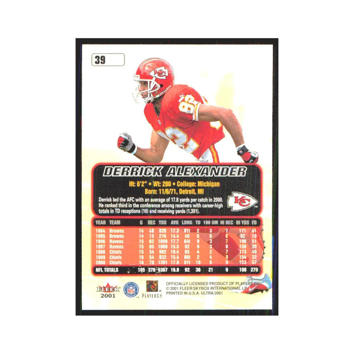 Derrick Alexander 2001 Fleer Ultra #39 Kansas City Chiefs Football Card NM
