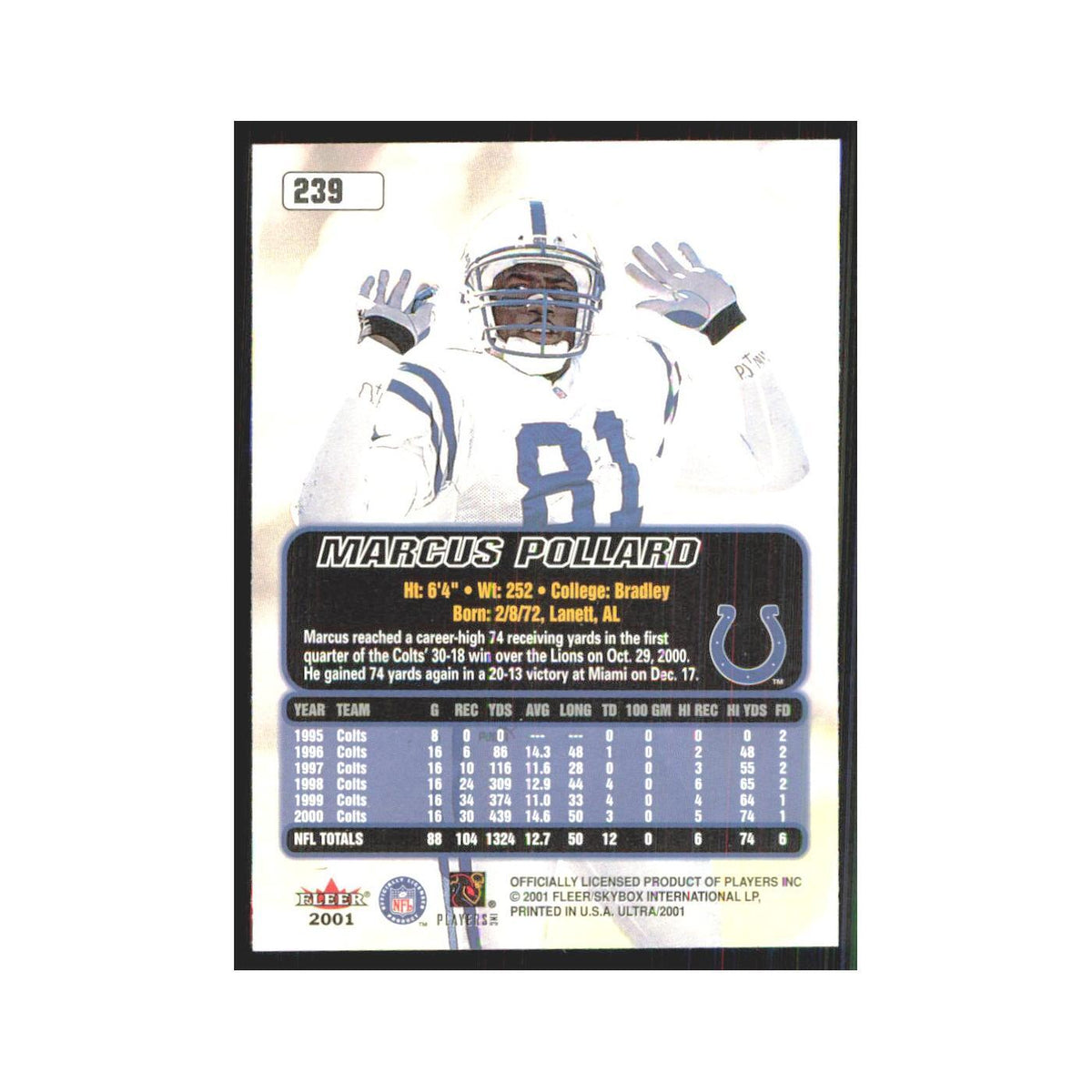 Marcus Pollard 2001 Fleer Ultra #239 Indianapolis Colts Football Card NM