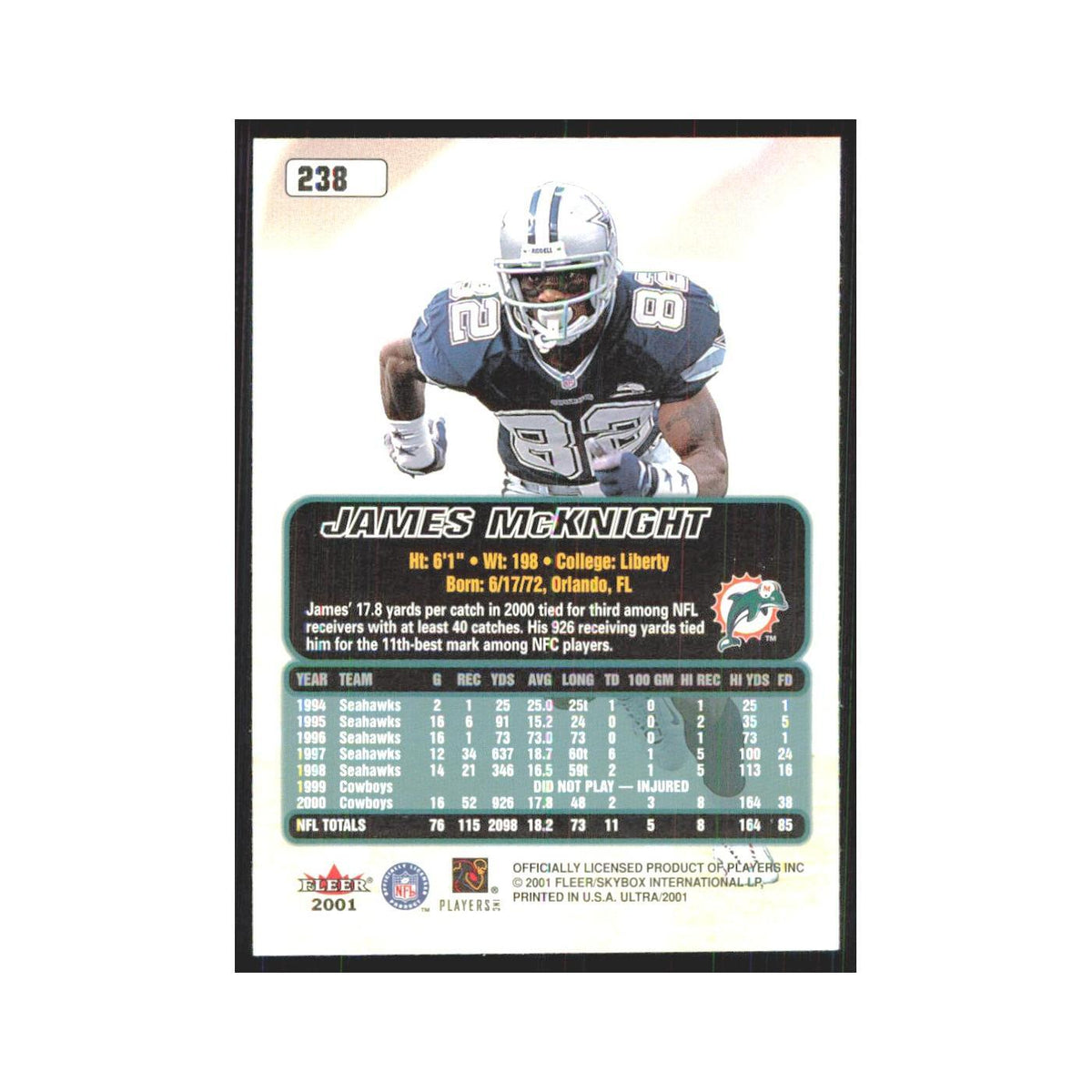 James McKnight 2001 Fleer Ultra #238 Miami Dolphins Football Card NM