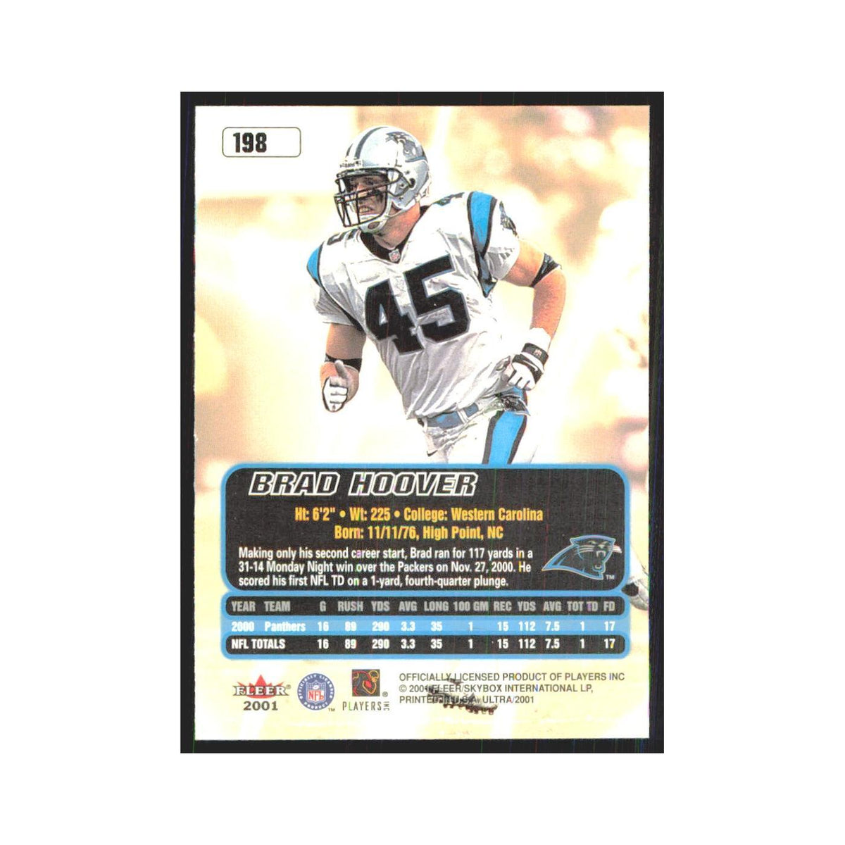 Brad Hoover 2001 Fleer Ultra #198 Carolina Panthers Football Card NM