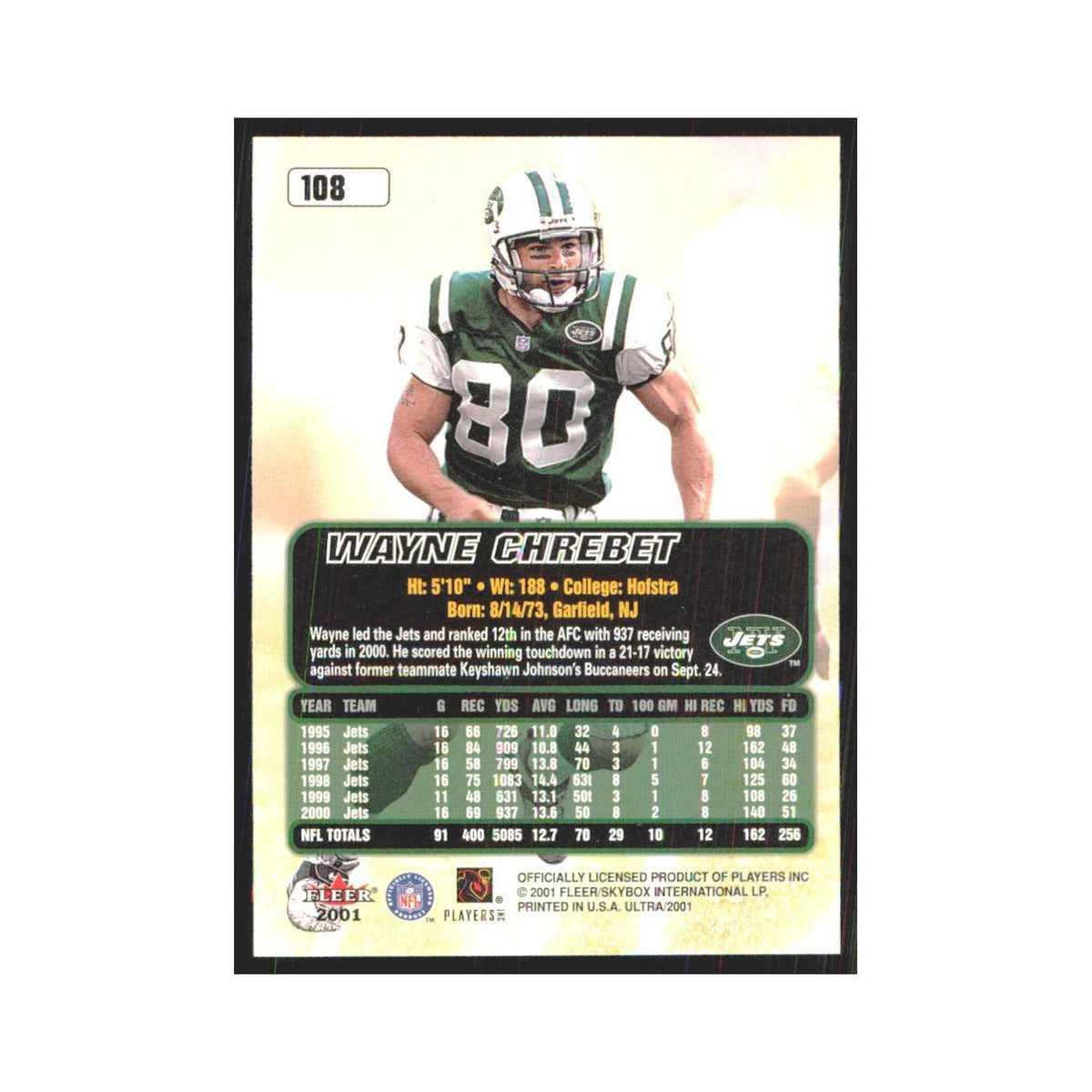 Wayne Chrebet 2001 Fleer Ultra #108 New York Jets Football Card NM