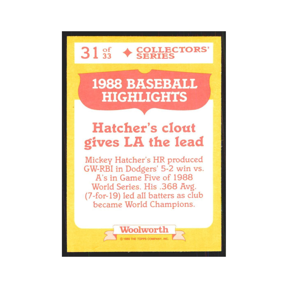 Mickey Hatcher 1989 Topps Woolworth #31.0 Los Angeles Dodgers Baseball Card NM