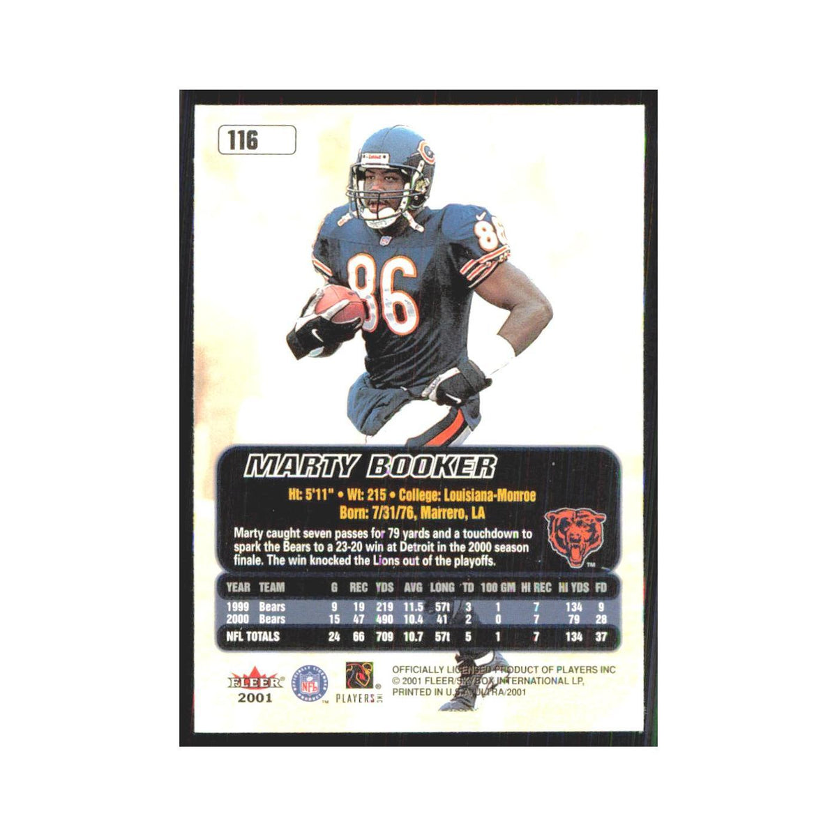 Marty Booker 2001 Fleer Ultra #116 Chicago Bears Football Card NM