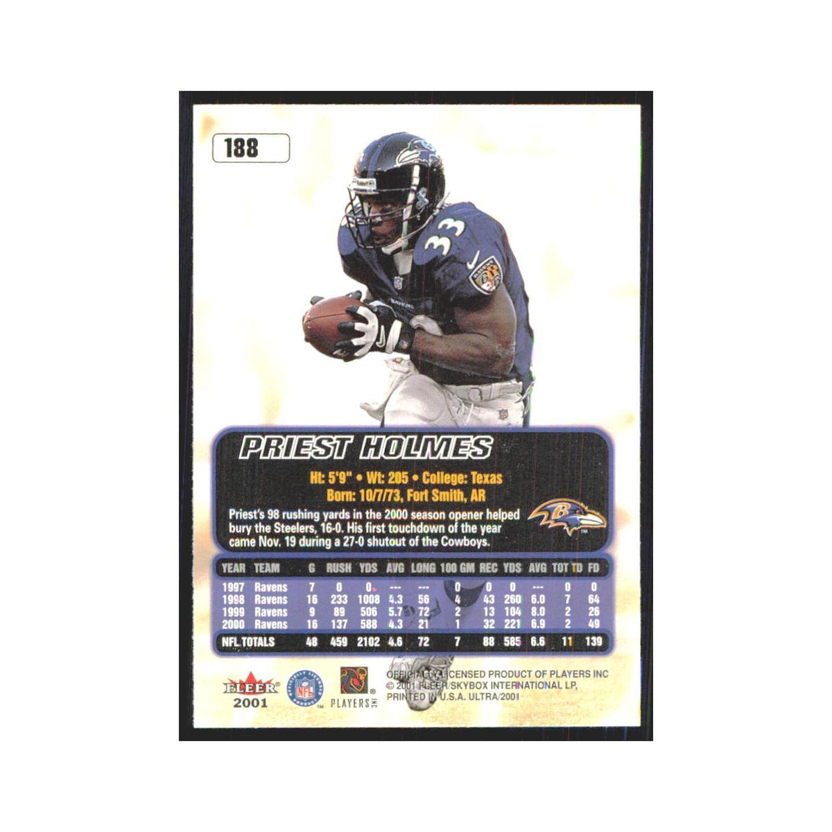 Priest Holmes 2001 Fleer Ultra #188 Baltimore Ravens Football Card NM